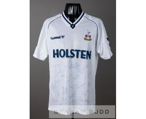 Team signed Paul Gascoigne white Tottenham Hotspur no.8 home jersey, season 1990-91, by Hummel, short-sleeved with THE FOOTBA