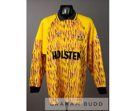 Erik Thorstvedt yellow Tottenham Hotspur No.1 goalkeeper's jersey, season 1991-92, by Hummel, long-sleeved yellow with purple