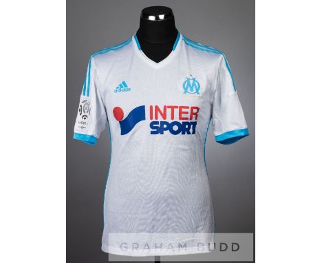 Giannelli Imbula white and blue Olympique Marseille no.15 jersey, season 2013-14,short-sleeved with LIGUE 1 sleeve badges, cl