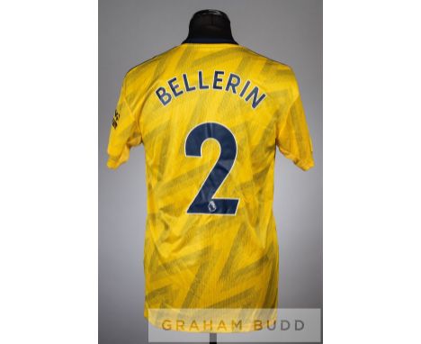 Hector Bellerin yellow and navy Arsenal no.2 away jersey season 2019-20,short-sleeved with THE EMIRATES FA CUP sleeve badge, 