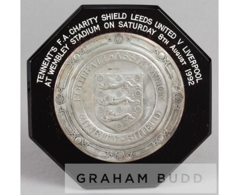 F.A. Charity Shield plaque Leeds United v Liverpool, played at Wembley, 8th August 1992,silver, London,1992, by Mappin & Webb