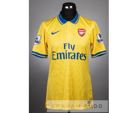 Bakary Sagna yellow and blue Arsenal No.3 away jersey v Fulham in the Premier League at Craven Cottage, 24th August 2013,shor