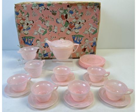 A vintage pale pink marble effect early plastic 21 piece teaset by projects. Comprising: 6 cups and saucers, 6 tea plates, su