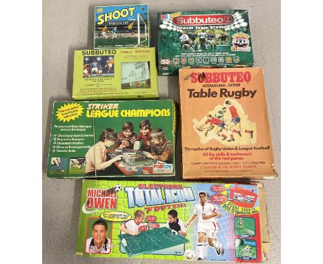 6 assorted boxed vintage &amp; more modern Football and Rugby games to include Subbuteo. Lot includes boxed vintage Subbuteo 