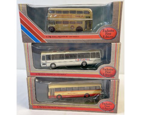 3 boxed 1:76th scale diecast buses by Exclusive First Editions. Plaxton Panorama Elite III National, RM Routemaster Golden Ju