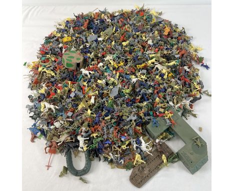 A large collection of assorted vintage miniature 1/72 scale toy soldiers, Cowboys &amp; Indians and horses. 