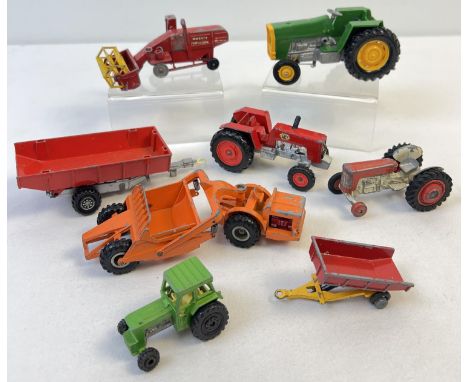 A collection of vintage mixed diecast model farm machinery and tractors. To include Massey Ferguson combine, Allis-Chalmers M