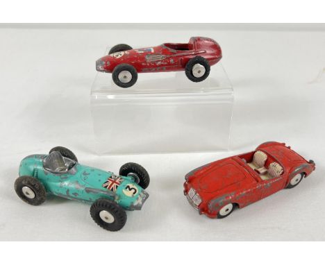 3 early 1960's Corgi diecast cars, in playworn condition. #150s Vanwall Racing car in red with spring suspension, numbered 25