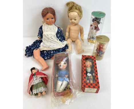 A collection of assorted vintage dolls in varying sizes and conditions. To include 13" Pedigree doll with speaker in back, a 
