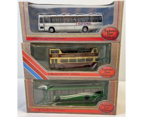 3 boxed 1:76th scale diecast buses by Exclusive First Editions. A Plaxton Panorama Elite III National, DMS Open Top Big Bus C