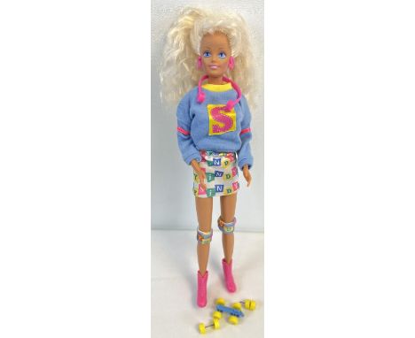 A 1988 Hasbro "Free Wheelin" Sindy doll with outfit and some accessories. Wire to headphones missing, roller skates a/f. 