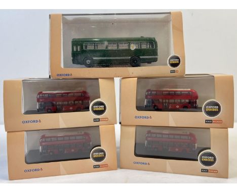 5 boxed Oxford Omnibus diecast buses. 4 x N Gauge NNR002 New Routemaster Go Ahead London Central together with a 1:76 scale 7