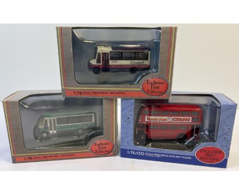 3 boxed 1:76 scale diecast buses by Exclusive First Editions. Plaxton Minibus Norfolk Green 47 Magdalen 24823, E341 15 AEC RT