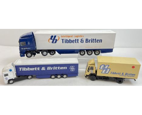 3 diecast Tibbett &amp; Britten lorries in varying sizes. To include 1:43 scale by Eligor and a smaller lorry by Corgi. Beige