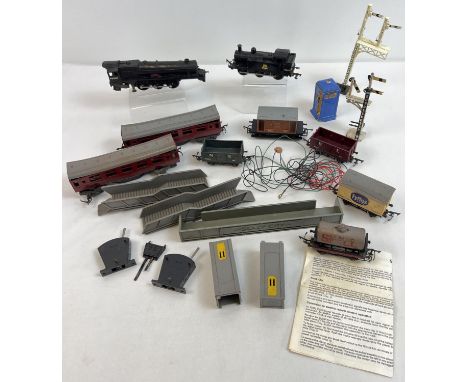 A box of assorted model railway trains, wagons and accessories. To include Hornby 46201 &amp; 47606 locos, a selection of Tri