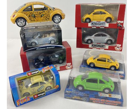 8 assorted boxed &amp; unboxed diecast VW new shape Beetle cars. To include unboxed 1/18 scale 1998 yellow car with Leopard d