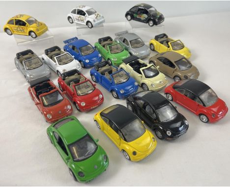 A collection of 18 assorted 1/32 scale diecast Volkswagen Beetle cars, with pull back action. To include convertible, sports,