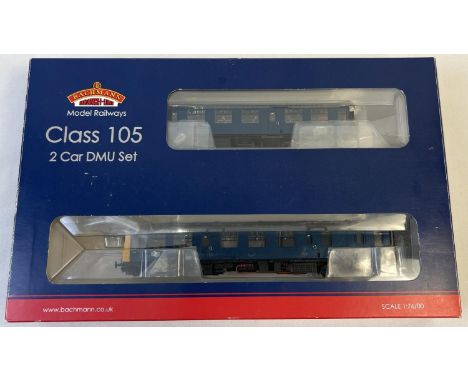 A boxed Bachmann Branch-Line model railway 00 gauge Class 105 2 car DMU set. In BR blue with yellow ends (Norwich head board)