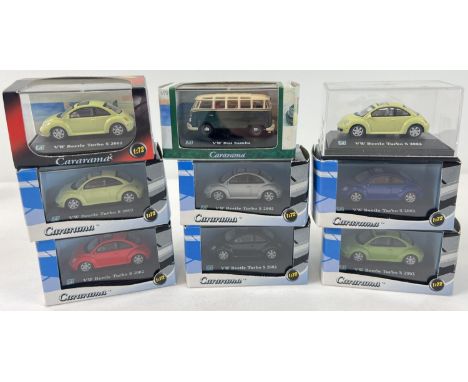 9 Cararama 1/72 scale diecast models of Volkswagen vehicles, in plastic display cases. 8 x VW Beetle Turbo S 2002 together wi