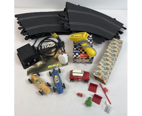 A box of assorted vintage Scalextric track, cars and accessories. To include boxed A265 hand throttle, 2 Scalextric Cooper MM