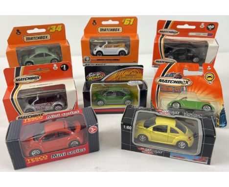8 assorted boxed diecast Volkswagen Beetle cars, 1/60 scale. To include Matchbox Mattel Wheels &amp; Hero City and Corgi Whee