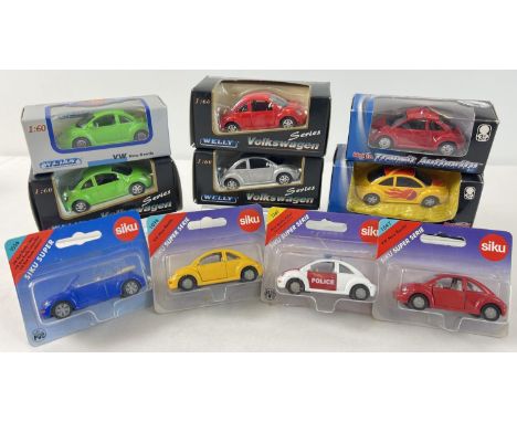 10 assorted boxed diecast Volkswagen new shape Beetle cars, 1/60 scale. Comprising: 2 by Maisto, 4 by Welly and 4 by Siku. 