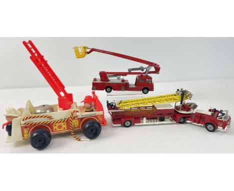 3 vintage fire engine toys. An early 1970's Fisher Price pull-along fire engine with nodding driver and bell, a Corgi Major S