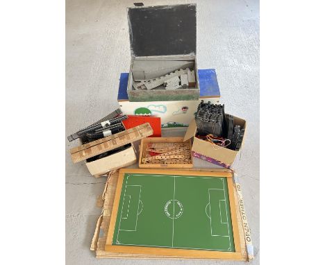 A quantity of assorted vintage toys and games to include boxed Soccerette game, trix railway track, toy box containing Biloto