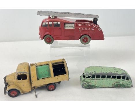 3 vintage Dinky Toys diecast vehicles, in play worn condition. To include #252 1950's  Bedford refuse wagon - in fawn with gr