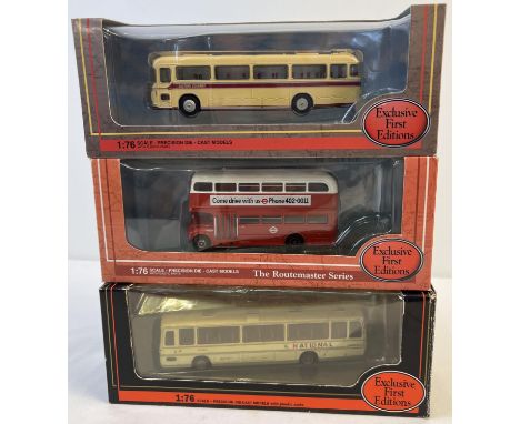 3 boxed 1:76th scale diecast buses by Exclusive First Editions. RMA Routemaster London Transport 31801, Bristol RELH Coach Ea