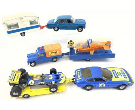 3 vintage 1970's Corgi diecast vehicles with trailers. Ferrari Daytona &amp; Formula 1 Surtees TS9 Duckhams racing team set; 