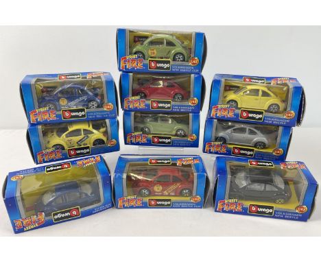 10 boxed Burago 'Street Fire' Volkswagen Beetle diecast model cars, 1/43 scale. In various colours, to include 4 'cup' models