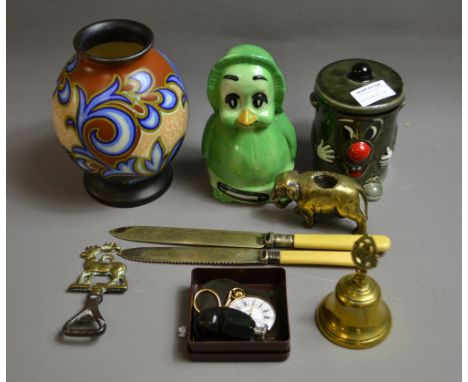 Mixed collectible ceramics to include a Gouda vase, two ceramic money boxes, a pocket watch, brass and more 