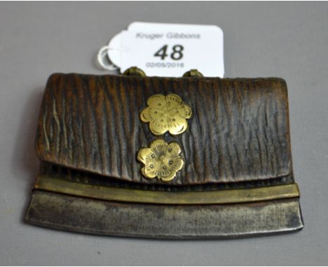 A Chinese tinder-lighter purse in leather with brass mounts 