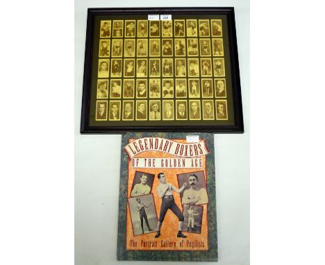 A mounted and framed set of fifty cigarette cards "Boxing Personalities" by Churchman, together with a related book "Legendar