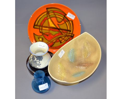 A Poole decorative plate along with a Sylvac bowl, a blue Langham glass vase and a glass ashtray 