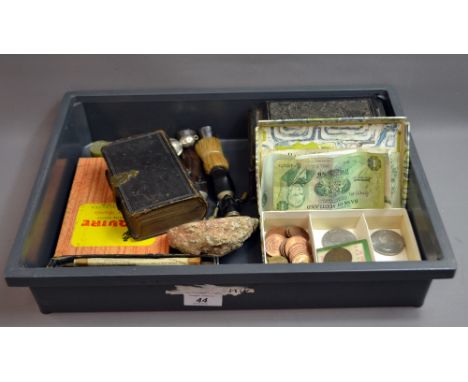 Mixed collectibles to include coins, a lacquered caddy, esquire playing cards etc...