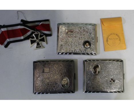 Set of four as new cigarette cases, stainless steel with scroll design with individual family member (son in Royal Navy, fath