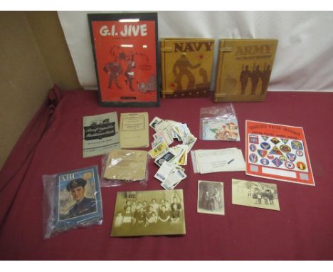 Framed music cover for G.I.Jive by Johnny Mercer, wood Army and a wood Navy cover for scrap book, C-47 &amp; C-53 aircraft in