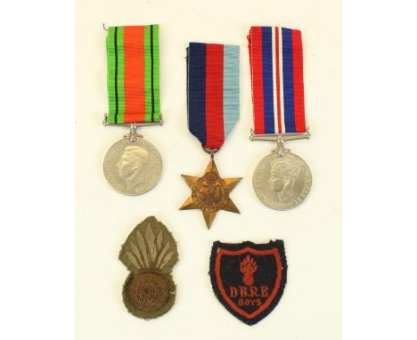 Unnamed WWII trio consisting WWII 1939-1945 star, Defence medal and British War medal together with a cloth DBRB Depot Battli