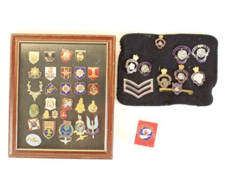 Collection of various military regimental lapel badges, including enamel British Legion badges 