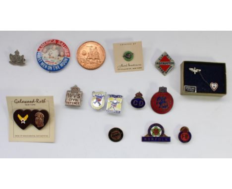 Selection of British and American badges, enamel pins etc, including wartime fire watcher enamel badge, LFGI fire guard instr