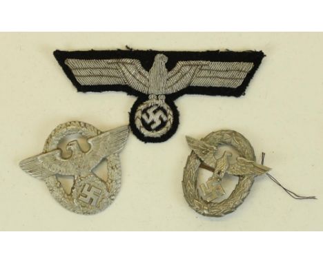 German Third Reich WWII era silver bullion eagle patch and two similar metal cap badges 