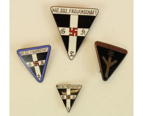 Three German Third Reich Frauenschaft enamel badges together with Deutches Frauenwerk enamel badge 