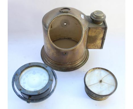WWII black metal ships gimbal compass, a brass case for a gimbal compass and a brass ships barometer 