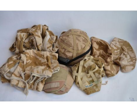 Collection of British Army desert clothing including a MK6 helmet with dark goggles and spare helmet cover (Walker written on