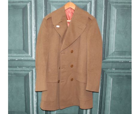 Three quarter length regulation army officers over coat, double breasted with plastic buttons, cotton lined, two outer pocket
