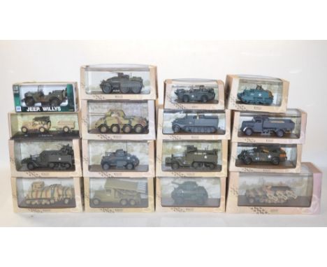 Collection of 16 cased diecast WWII military vehicle models, 15 in 1/43 scale from Atlas Editions and Hobbymaster, and a 1/32