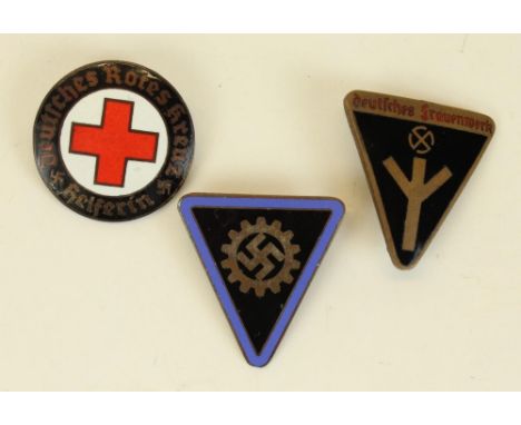 German Third Reich Rotes Kreuz Red Cross enamel badge, Deutsches Frauenwerk enamel badge and a German labour front DAF badge 