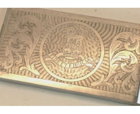 WWII period etched metal cigarette case decorated to front with crest of Royal Army Pay Corps, verso with etched elephant des
